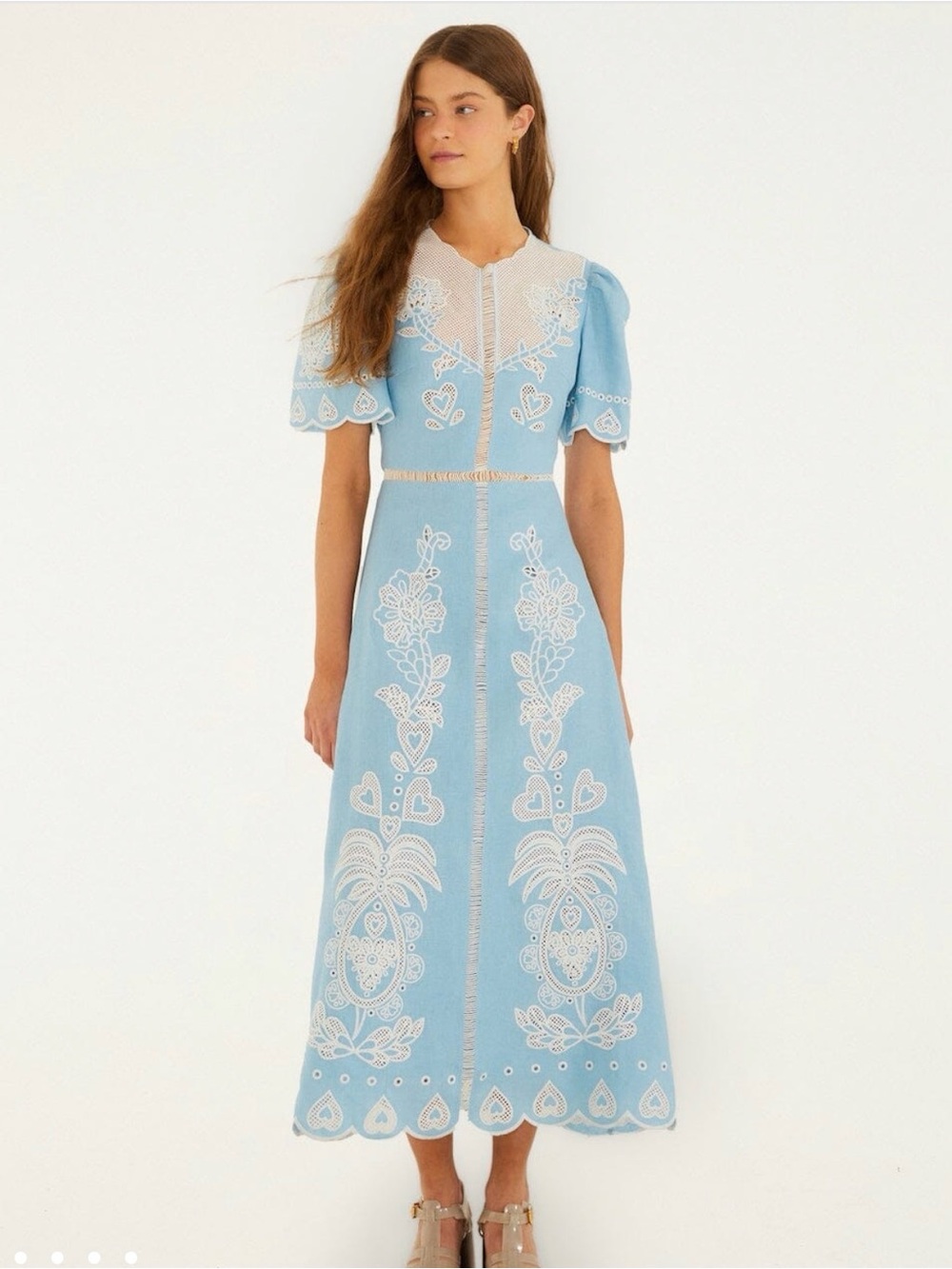 Farm Rio light Blue Embroidered Midi Dress